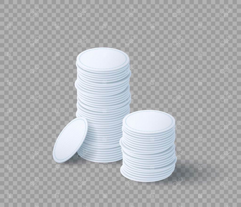توده‌ای از پدهای پنبه‌ای آرایشی برای پاک کردن آرایش. مجموعه دیسک‌های سفید و بهداشتی. دستمال‌های پاک‌کننده آرایش، جدا شده بر روی پس‌زمینه شفاف. تصویرسازی سه‌بعدی و واقعی‌نما.