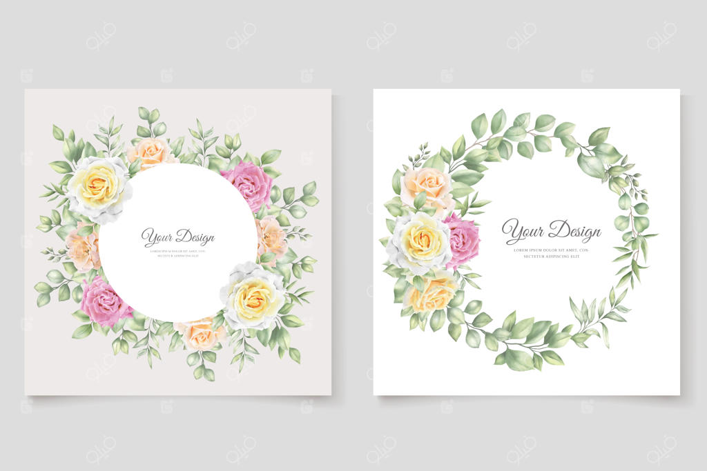 طرح کارت با قاب و پس‌زمینه گل‌های رز آبرنگی دست‌کشیده و زیبا