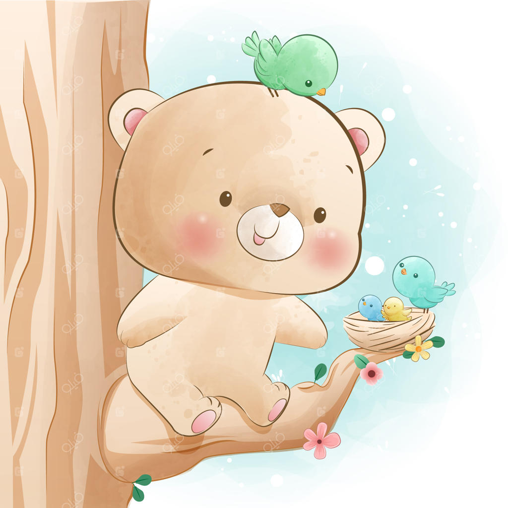 خرس کوچولوی بامزه در حال بازی با پرندگان