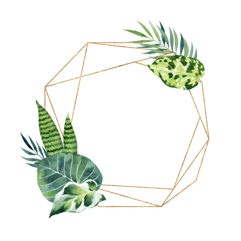 کلیپ‌آرت برگ‌های استوایی آبرنگی با قاب طلایی هندسی برای کارت دعوت عروسی