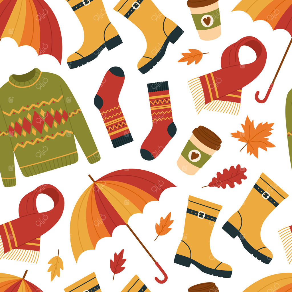پترن یکپارچه با لباس‌های گرم پاییزی: پلیور، شال، چکمه‌های لاستیکی، جوراب، چتر و فنجان قهوه. استایلی دلپذیر برای روزهای بیرونی در فصل پاییز. طرحی زیبا برای علاقه‌مندان به این فصل.