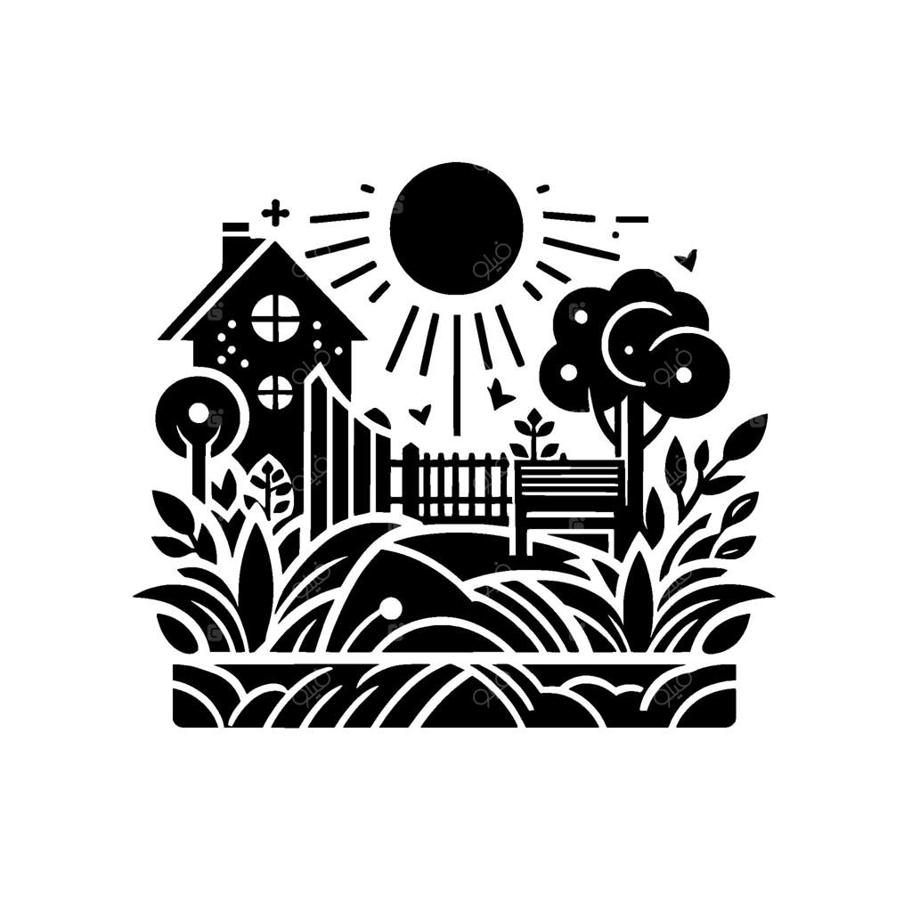 صحنه‌ای از یک باغ سیاه و سفید با خانه‌ای، خورشید، حصار، درخت، نیمکت و گیاهان سرسبز، خلق تصویری آرامش‌بخش.