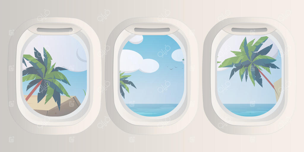 پنجره‌ای با چشم‌انداز دریا و جزیره گرمسیری