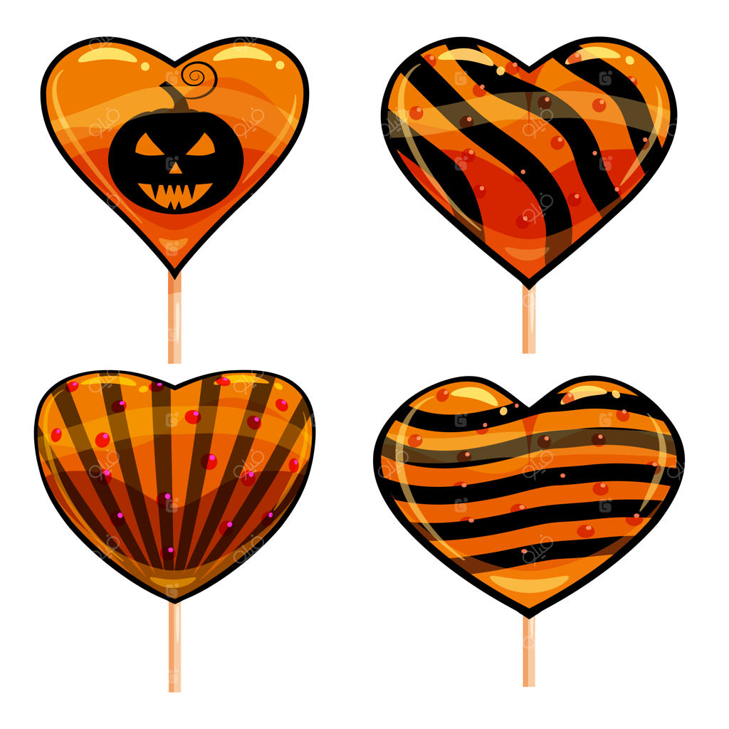 آب‌نبات‌های چوبی و رنگارنگ هالووینی با تم رنگ‌های کدو تنبل و قلب.