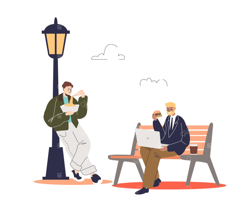 مردم در پارک غذای بیرون‌بر می‌خورند و جدا از هم نشسته‌اند