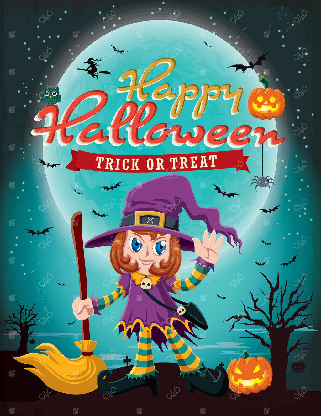 طرح پوستر قدیمی هالووین با شخصیت جادوگر برداری.