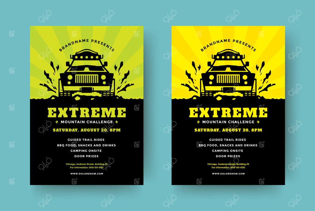 پوستر یا بروشور رقابت کامیون‌های آفرود: قالب طراحی مدرن با تایپوگرافی و تصویر سایه‌ای ماشین 4x4 شاسی‌بلند.