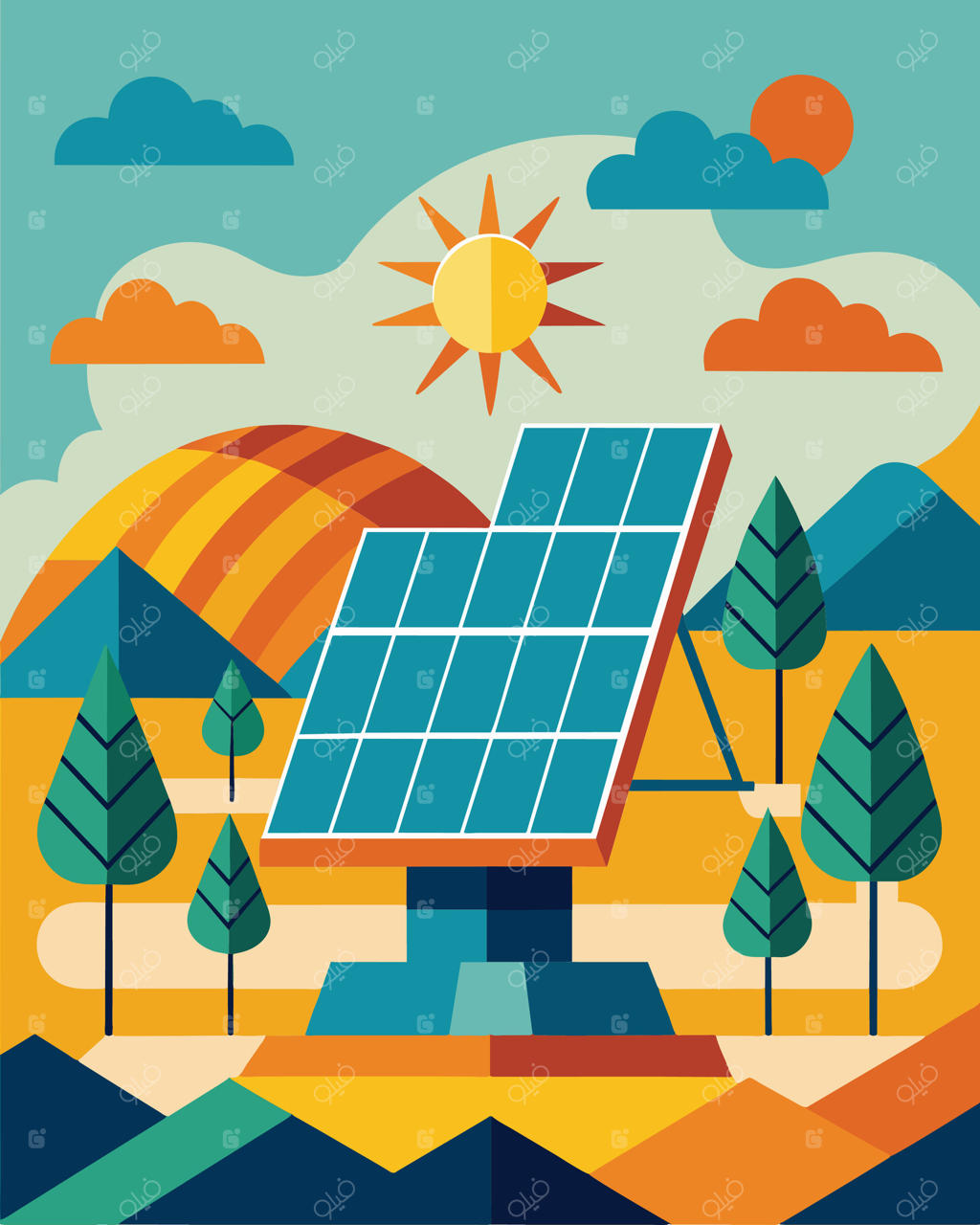 آرایه پنل‌های خورشیدی مانند یک اثر هنری مدرن است؛ یک قالیچه از تکنولوژی و پایداری که روی زمین گسترده شده است.. تصویرسازی.