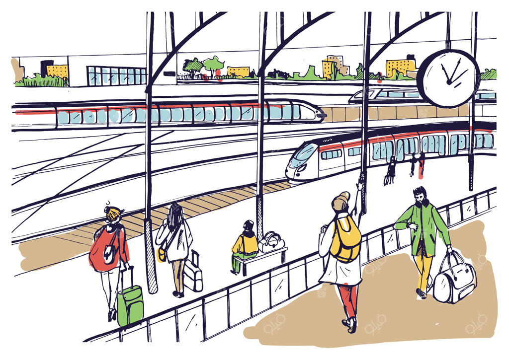 نمای کلی سکو راه‌آهن با طرحی از قطارها و مسافران.