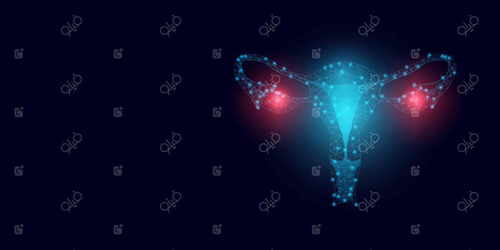 پترن بنر مفهوم روز جهانی آگاهی از سرطان تخمدان با متن و تصویر هندسی رحم و تخمدان درخشان - پس‌زمینه مدرن و انتزاعی تیره - تصویر وکتور