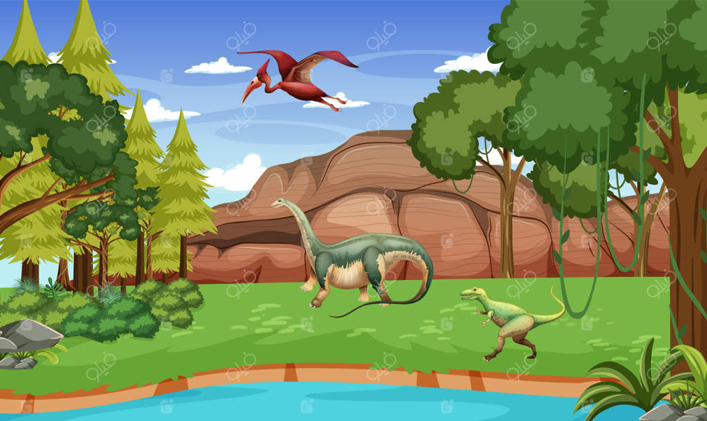 منظره‌ای از طبیعت با کوهستان و درختان و دایناسور