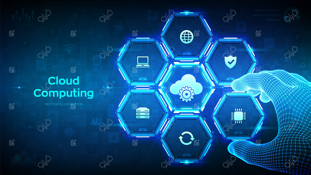 اتصال خدمات پردازش ابری به ذخیره‌سازی ابری: مفهوم فناوری پیشرفته، دست مشبک عنصری را به ترکیب اضافه می‌کند که فرآیندهای تجاری فناوری ابری را به تصویر می‌کشد، تصویرسازی وکتور