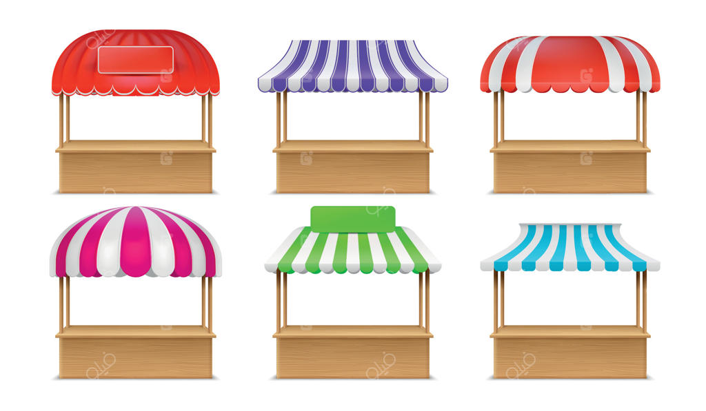 غرفه چوبی واقعی با سایبان راه‌راه. دکه چوبی مناسب برای بازارهای خیابانی. مجموعه وکتور غرفه میوه‌فروشی یا نانوایی با سقف سایبانی