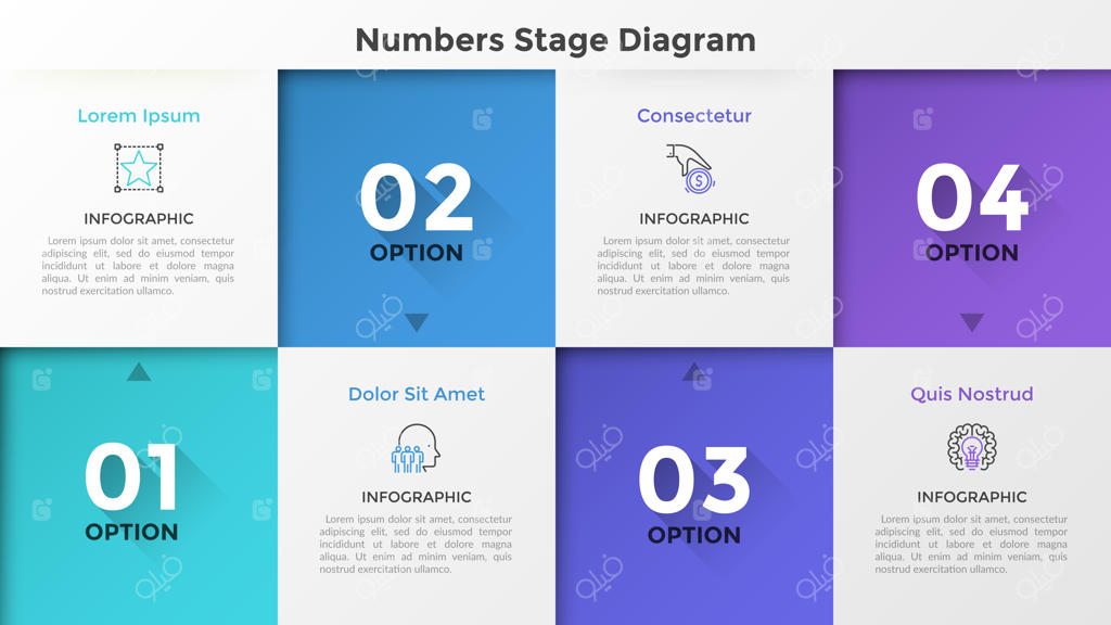 چهار عنصر مربع شکل با اعداد و فلش‌هایی که به آیکون‌های خطی نازک و توضیحات اشاره می‌کنند. مفهوم ۴ مرحله پیشرفت. طراحی اینفوگرافیک برای ارائه.