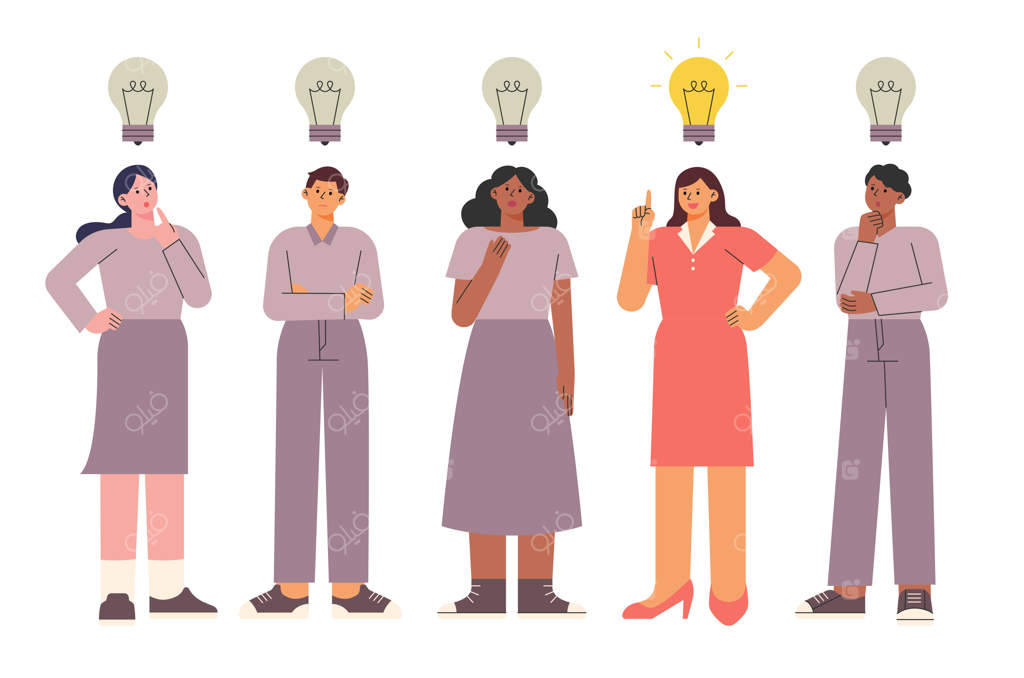 مردم در کنار هم ایستاده‌اند و هر کدام بالای سرشان یک لامپ دارند.