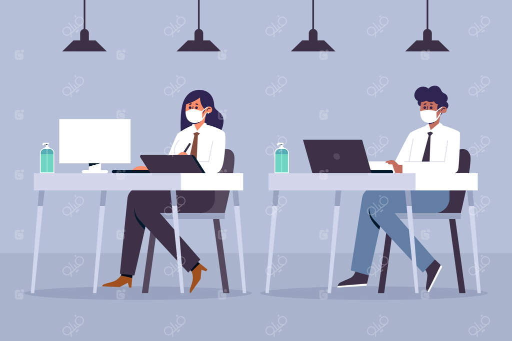 تصویر افراد در حال رعایت فاصله‌گذاری اجتماعی در محل کار