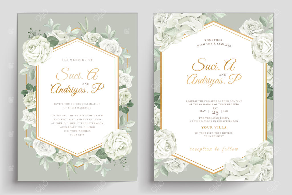 مجموعه کارت دعوت با طرح گل‌های رز سفید و شیک