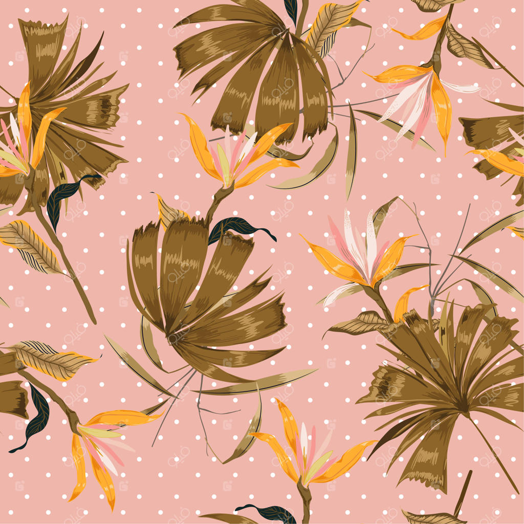 گل‌ها و برگ‌های استوایی تابستانی بر روی پترن خال‌خالی