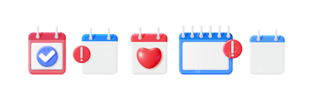 آیکون سه‌بعدی تقویم با علامت تیک، قلب و اعلان هشدار برای مدیریت رویداد و برنامه زمانی.