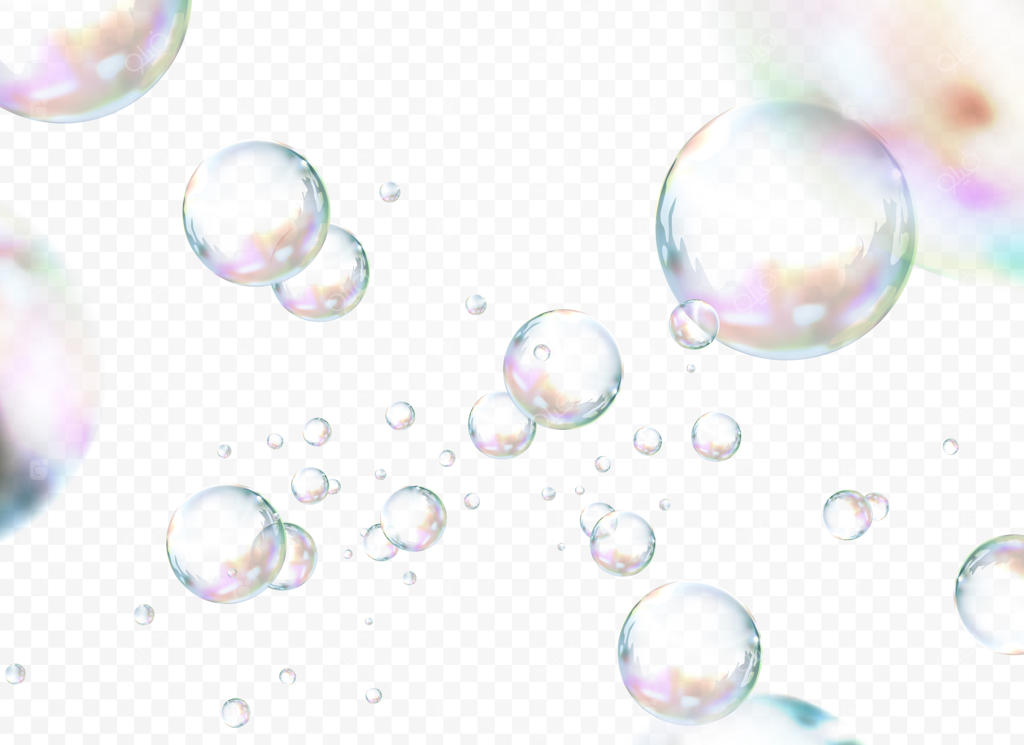 مجموعه حباب‌های جذاب، حباب صابون در پس‌زمینه شفاف، تصویرسازی سه‌بعدی