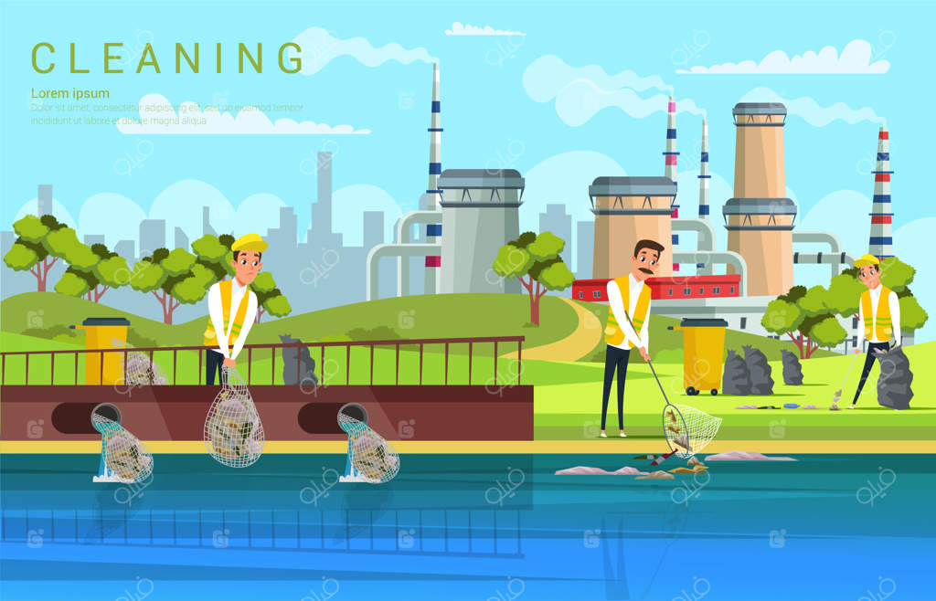 پترن بنر حفظ محیط زیست: گروه دوندگان نظافت‌گر و داوطلب کاراکترهای کارتونی با پیام حفاظتی محیط‌زیست و شهر پاک بدون زباله