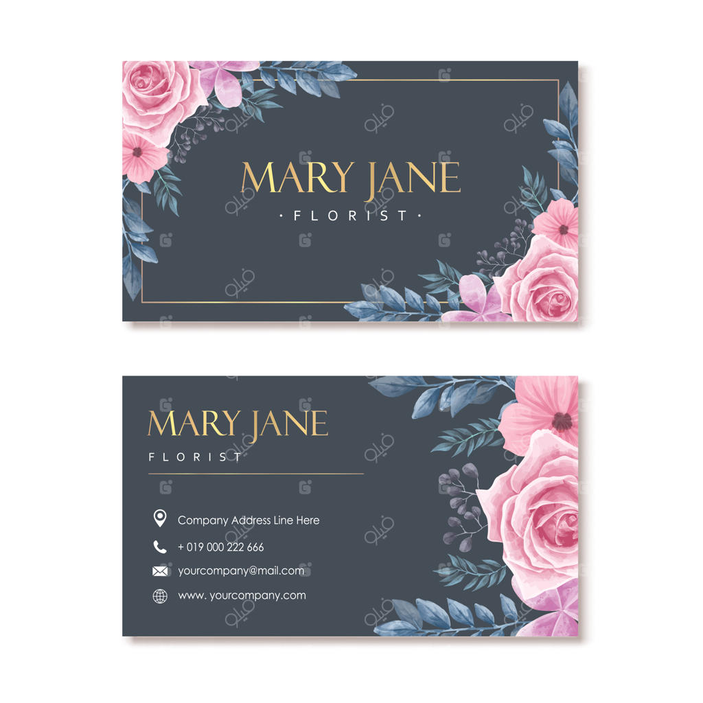 کارت ویزیت گل‌فروشی دریایی با قاب گل‌های آبرنگی