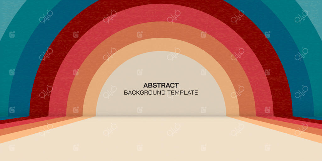 قاب دایره‌ای انتزاعی با نوارهای رنگارنگ و نمای پرسپکتیو به سبک دهه ۱۹۷۰؛ دایره پاستلی به عنوان صحنه در طراحی رترو