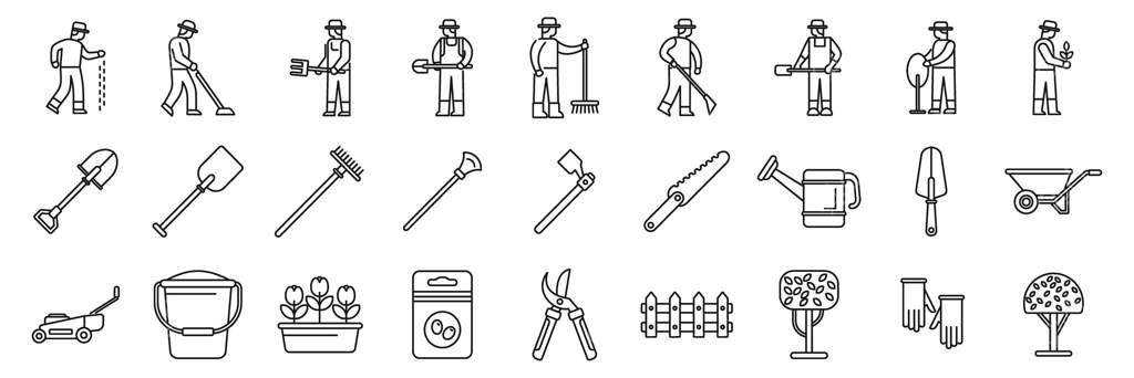 مجموعه آیکون کارگران فضای سبز: باغبانان در حال کاشت و نگهداری از درختان و گل‌ها با ابزار و تجهیزات