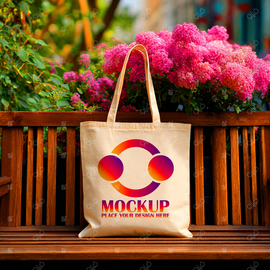 موکاپ ساک دستی پارچه‌ای کتان روی نیمکت چوبی در فضای باز با پس‌زمینه گل‌های صورتی