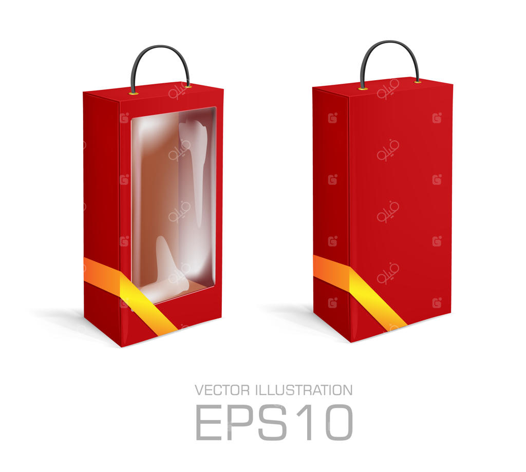 جعبه مقوایی بلند قرمز با سوراخ، روبان طلایی، پنجره پلاستیکی شفاف روی زمینه سفید. قالب بسته بندی محصول. تصویر سازی