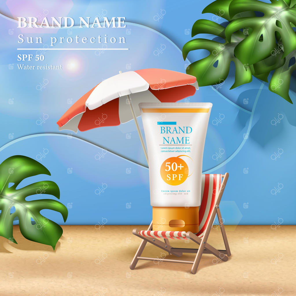 تبلیغ کرم ضد آفتاب تابستانی با بطری کرم روی تخت آفتاب‌گیر زیر چتر با پرتوهای خورشید و برگ‌های استوایی