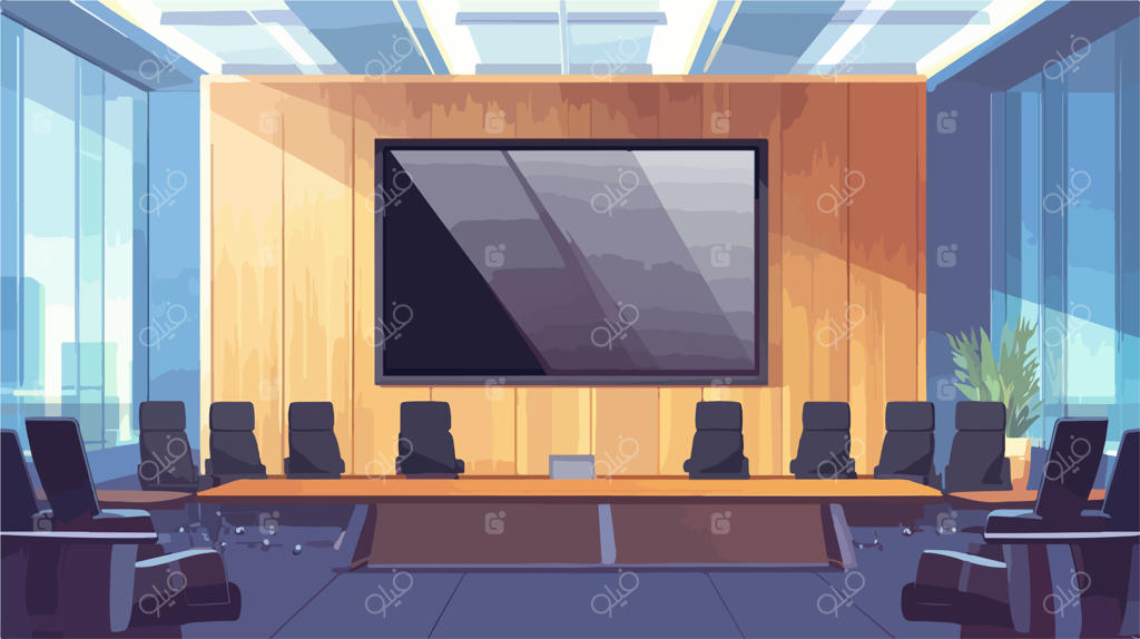 اتاق کنفرانس مدرن با دیوار چوبی و نمایشگر بزرگ