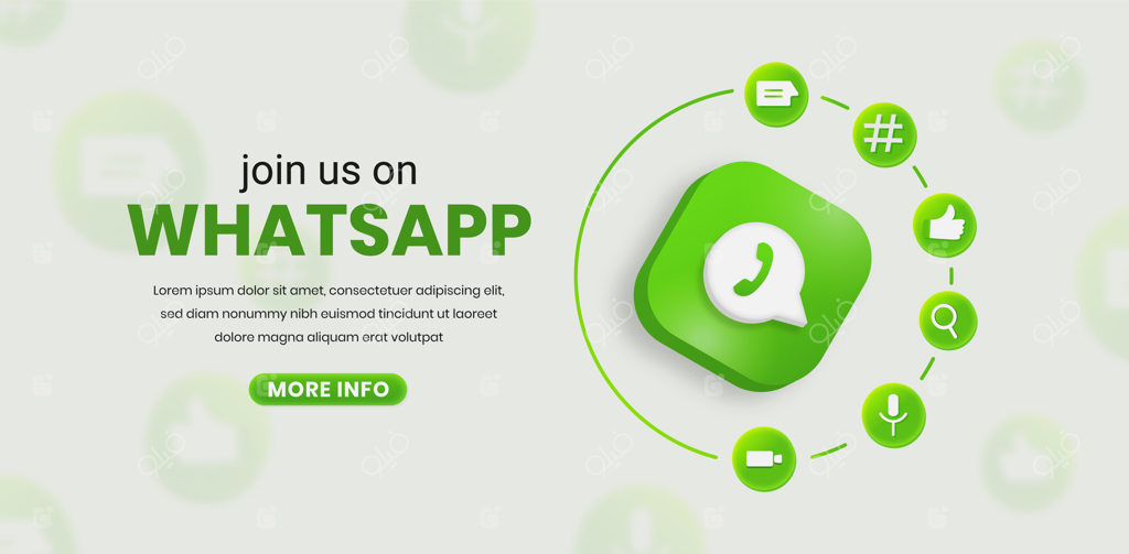 بنر مربعی اینستاگرام با عنوان به ما در واتس‌اپ بپیوندید، لوگوی سه بعدی واتس‌اپ و آیکون شبکه اجتماعی
