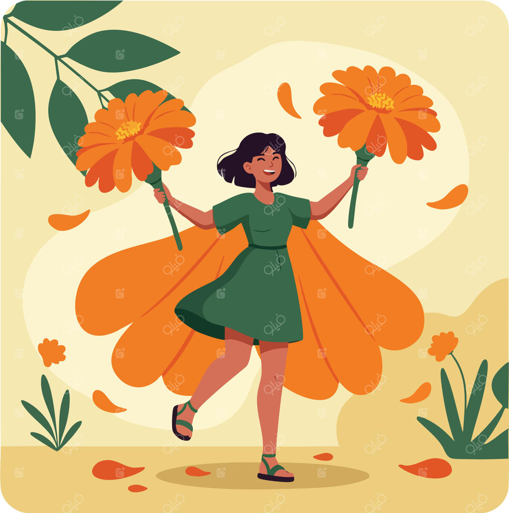 زن شادی با گل‌ها در منظره‌ای پویا و رنگارنگ - وکتور حرفه‌ای