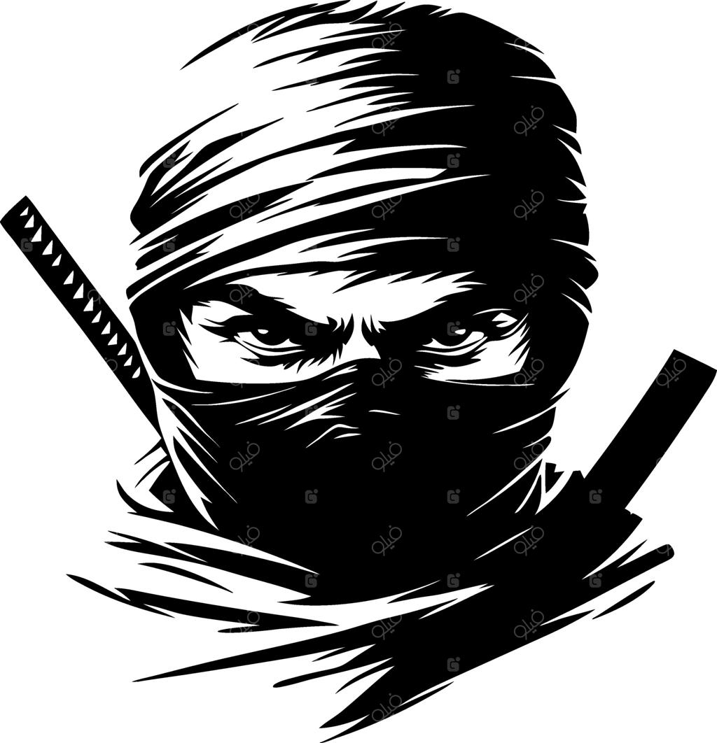 سایه‌نمای چهره جنگجوی نینجا با شمشیر و سربند، مناسب برای طرح تاتو و چاپ روی لباس