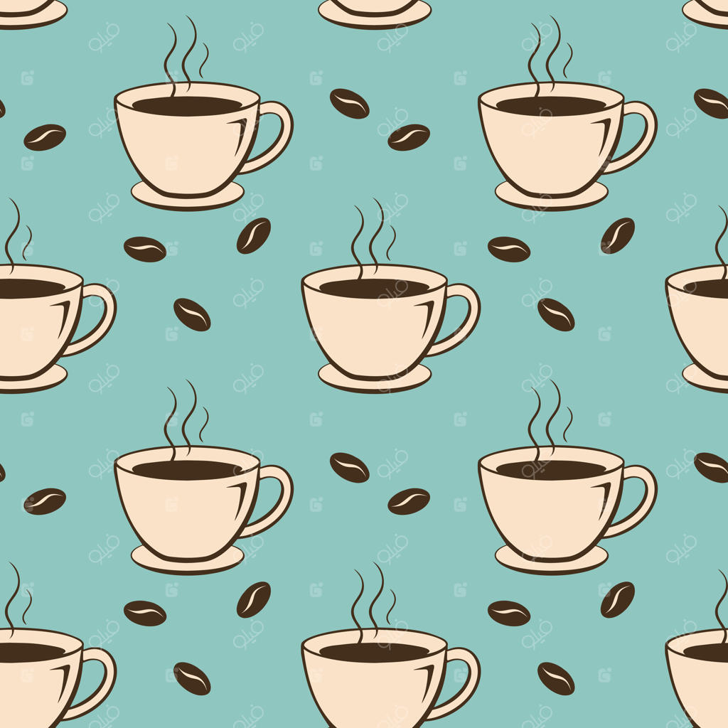 حال‌وهوای قهوه: طرح یکپارچه با فنجان‌ها و دانه‌های قهوه. پس‌زمینه منوی رستوران یا طراحی کاغذدیواری آشپزخانه.