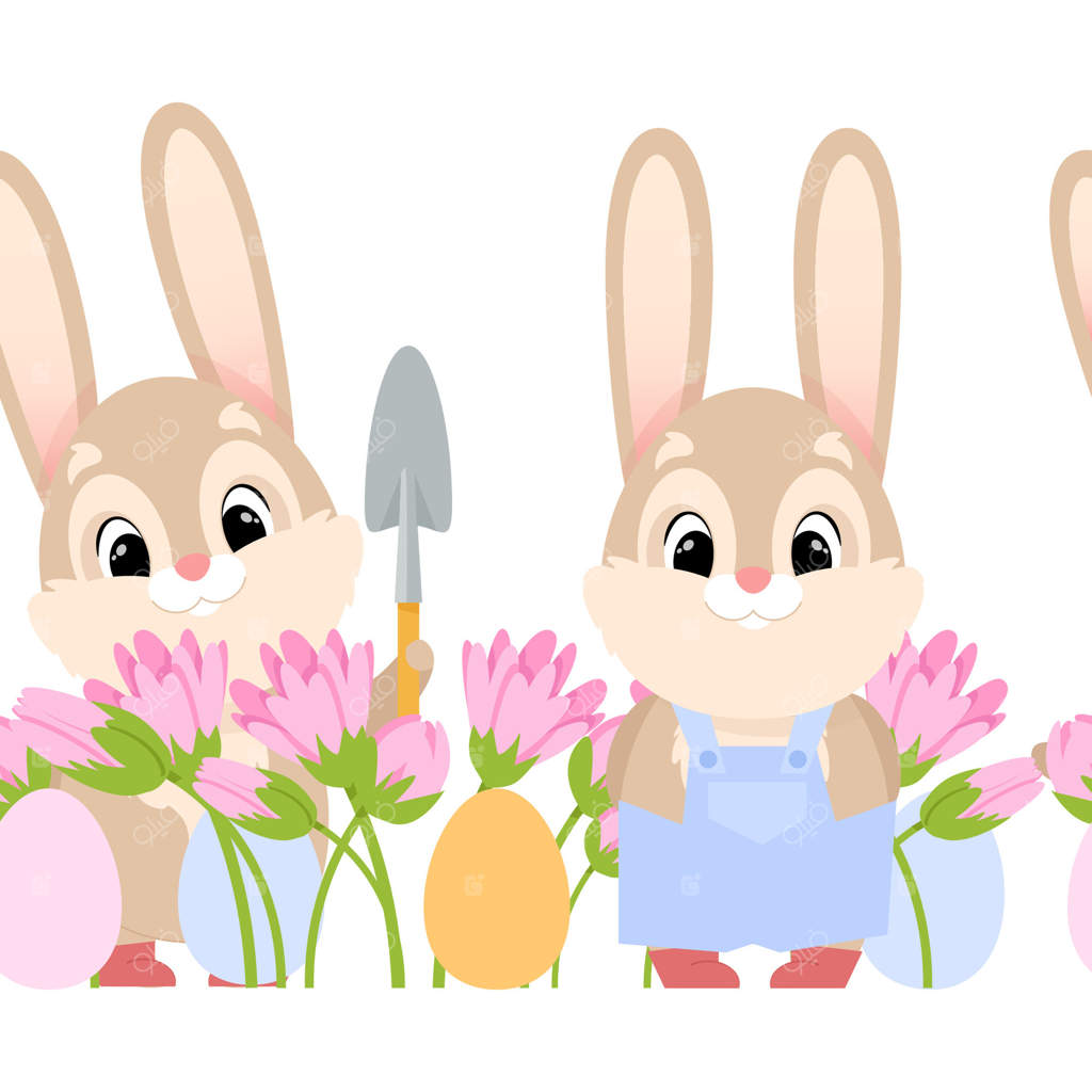 مرز یکپارچه عید پاک با خرگوش‌های کارتونی بامزه، ابزارهای باغبانی، گل‌ها و تخم‌مرغ‌ها