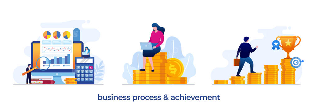 فرآیند کسب‌وکار و هدف‌گذاری: برنامه‌ریزی مالی و بازاریابی برای سرمایه‌گذاری (تصویرسازی وکتور)