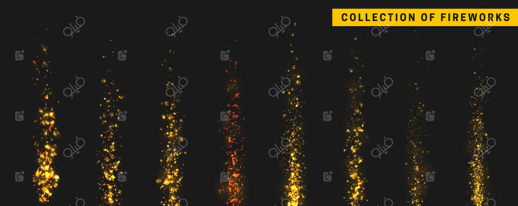 آتش‌بازی طلایی جشن را تنظیم کنید. افکت نور طلایی در پس‌زمینه سیاه. طراحی واقعی. تصویر برداری وکتور