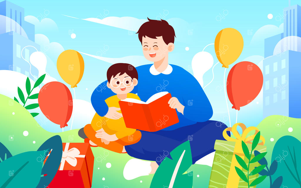 تصویر وکتور پدری که فرزندش را در آغوش گرفته و برای او کتاب می‌خواند؛ طرح ویژه روز پدر