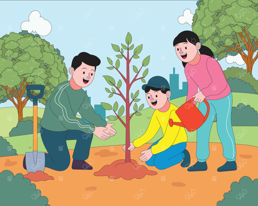 تصویرسازی به سبک کارتونی از خانواده‌ای با کودکان در حال کاشتن درخت در پارک شهری به مناسبت روز جهانی محیط زیست. ایده‌آل برای موضوعات پایداری، فضای سبز شهری و سبک زندگی دوستدار محیط زیست