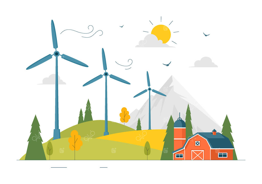 تصویرسازی مفهوم انرژی توربین بادی با طبیعت و پایداری محیط زیست