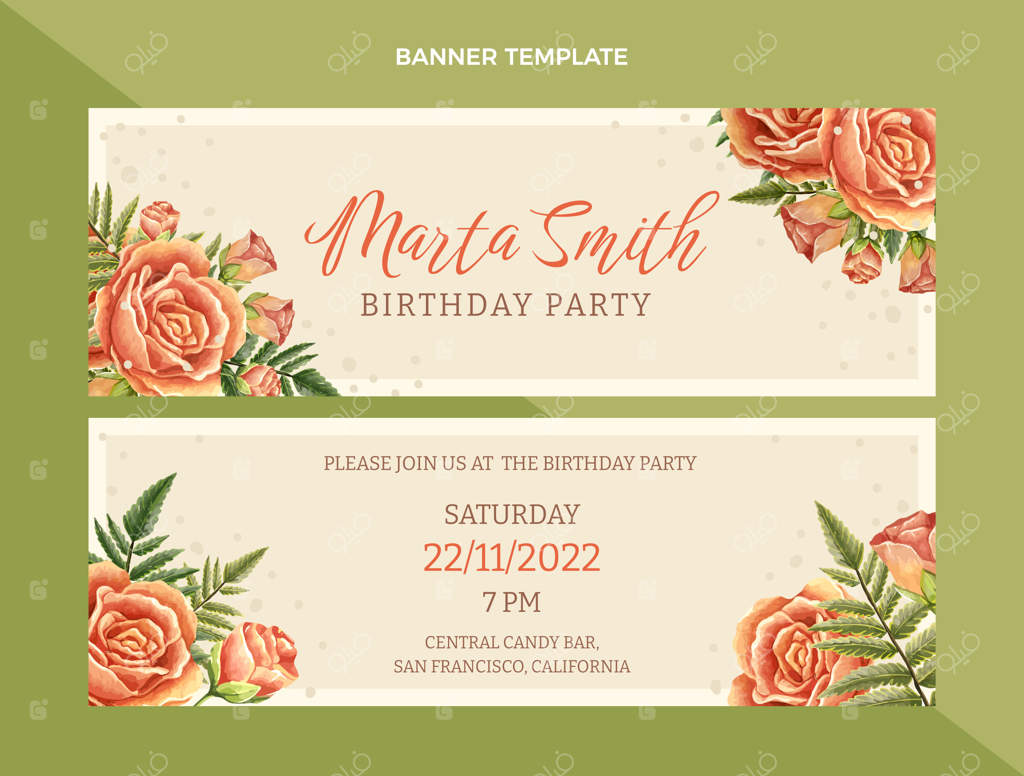 بنرهای افقی تولد با رنگ‌آمیزی آبرنگ دستی