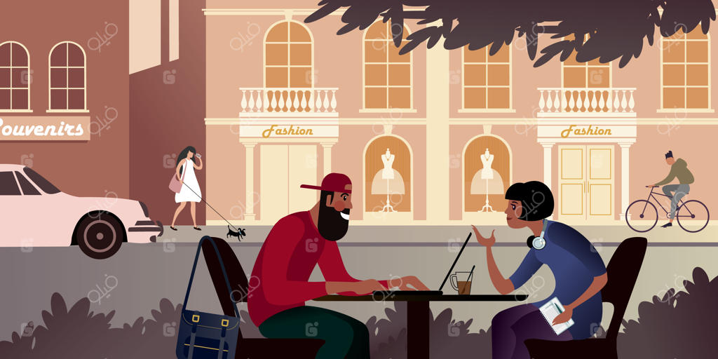 همکاری از راه دور و فریلنسر در یک نشست قهوه‌ای در مرکز شهر - تصویرسازی وکتور