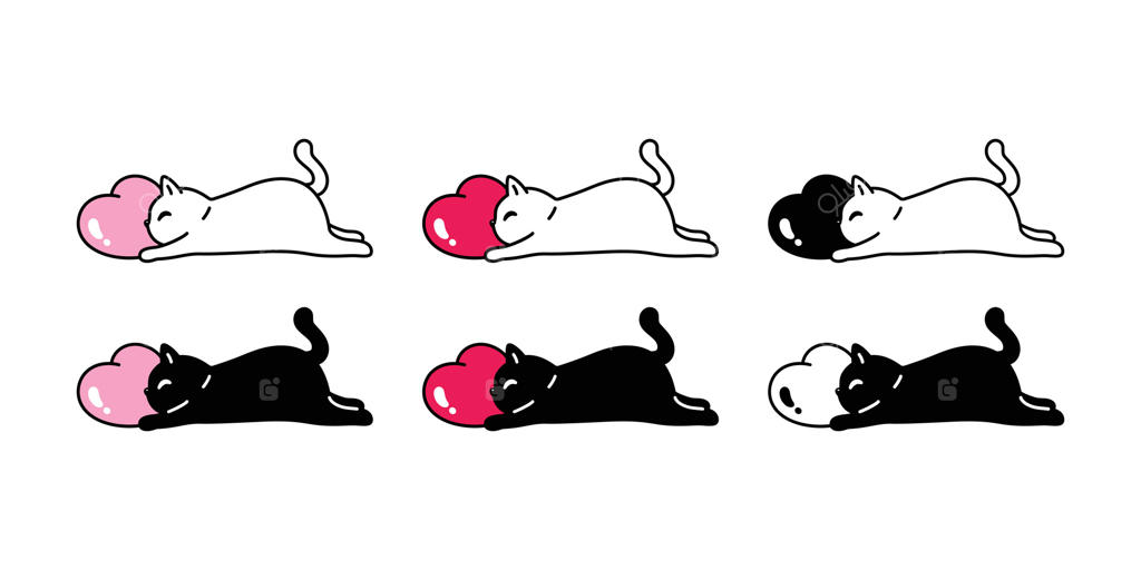 نماد قلب ولنتاین با گربه بامزه: نقاشی شخصیت کارتونی گربه خوابیده کالیکو نکو، طراحی آیکون جداگانه برای حیوان خانگی