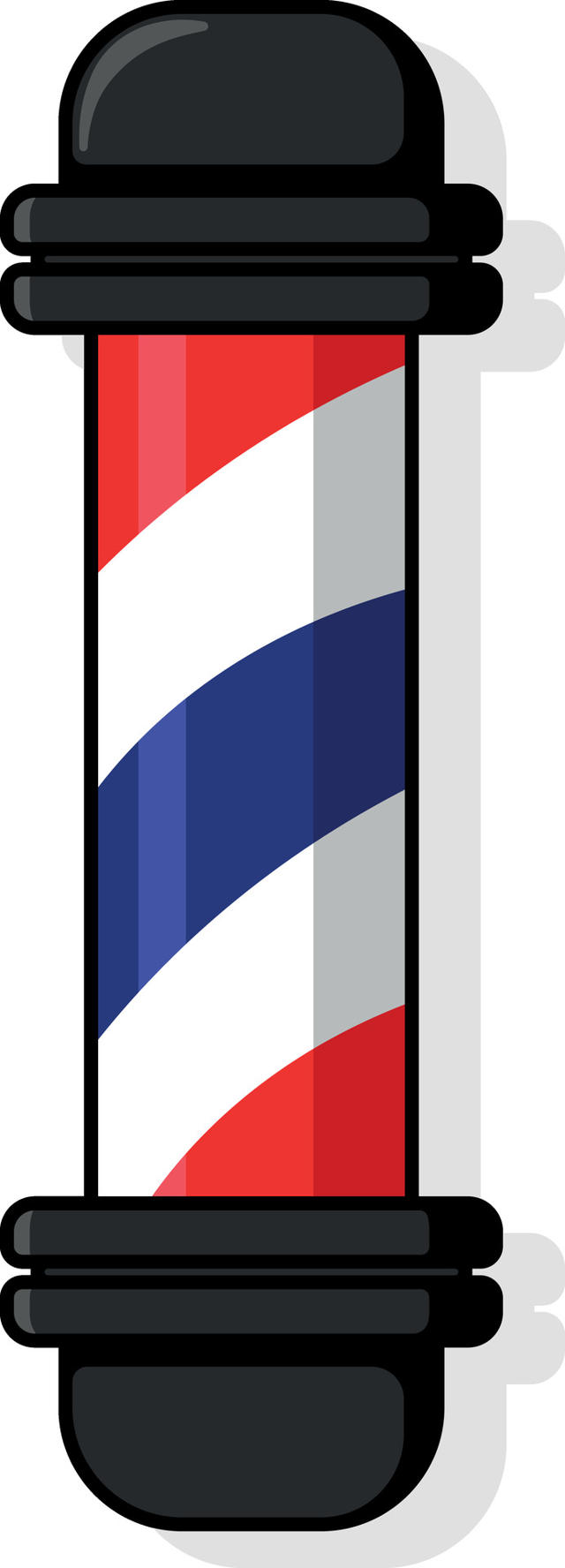 تصویر رنگارنگ از تابلو آرایشگاه سنتی با نوارهای مارپیچ قرمز، سفید و آبی و انتهای فلزی، بدون پس‌زمینه