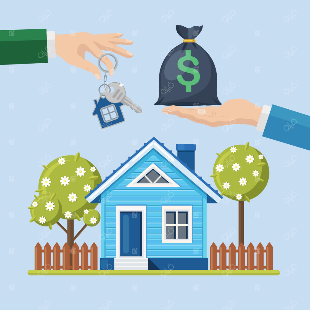 خرید خانه: مفهوم خرید و فروش املاک و مستغلات. دست نگه‌دارنده کیسه پول و کلید