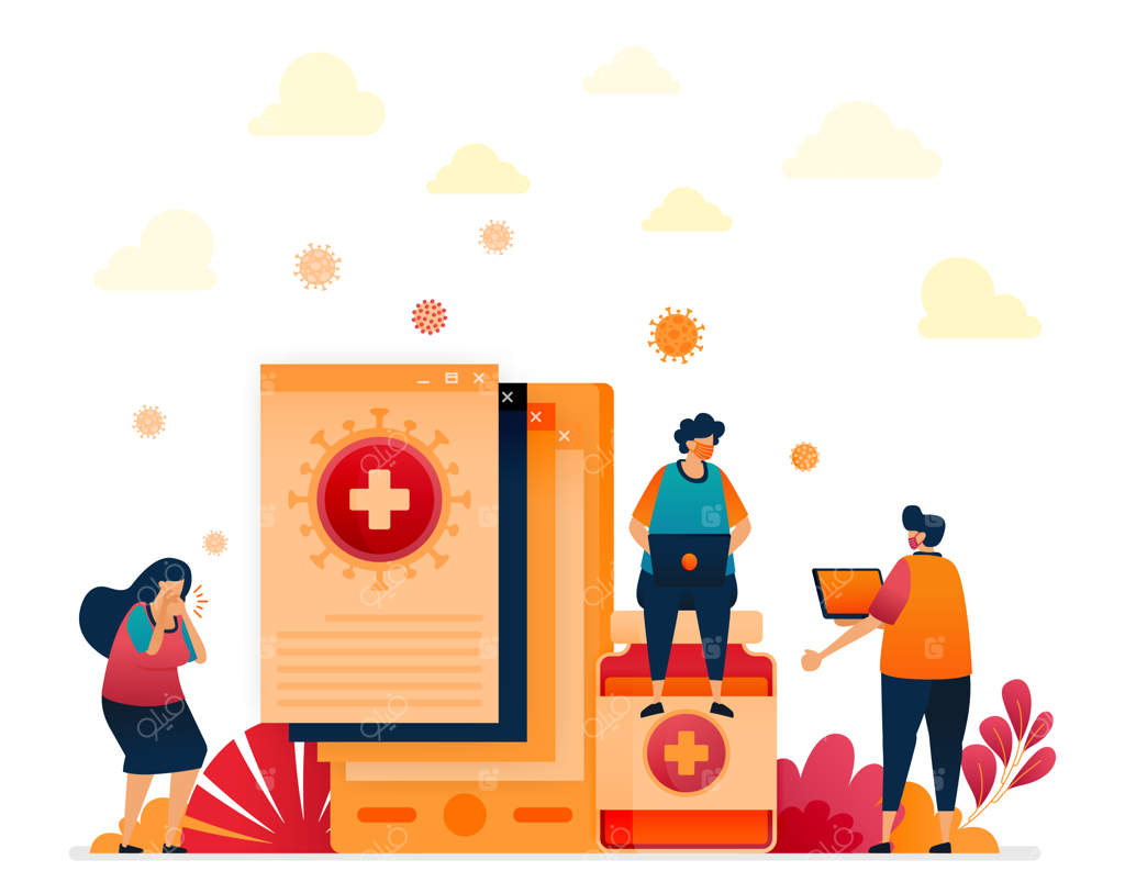 تصویرسازی از بررسی‌های سلامتی و تست‌های سریع کووید-۱۹؛ پزشکان و بیماران با فناوری پیشرفته