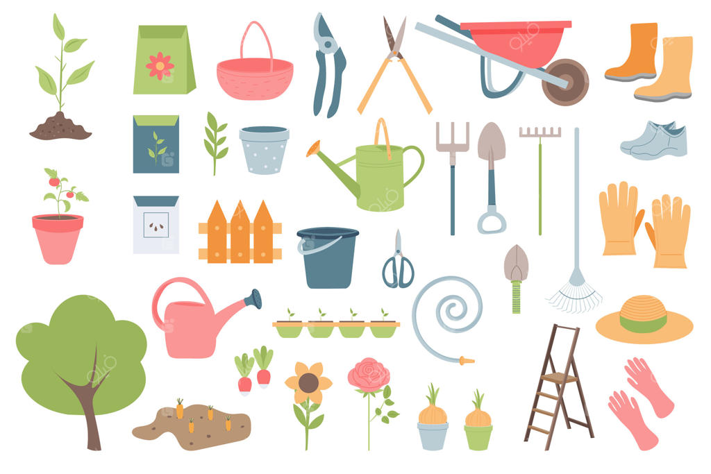 مجموعه وسایل باغبانی به سبک تخت. ابزارهای کشاورزی و باغ برای باغ. وکتور جدا شده روی پس‌زمینه سفید.