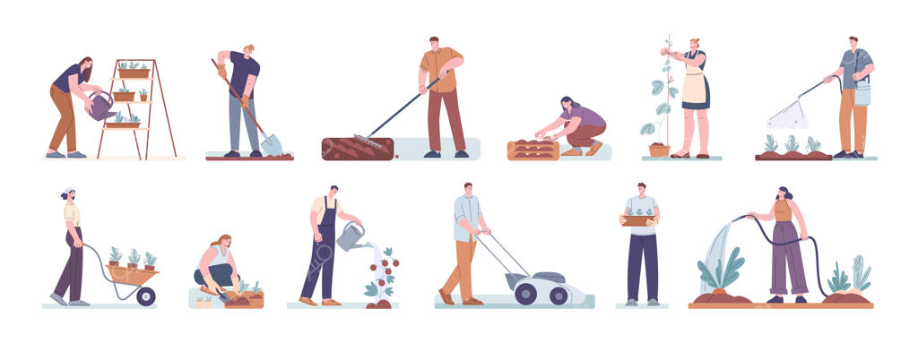 کاراکترهای وکتور جذاب باغبان‌ها در حال نشاکاری و کار در باغ، کارگران کشاورزی، سرگرمی باغبانی خانگی و کشت بهاره